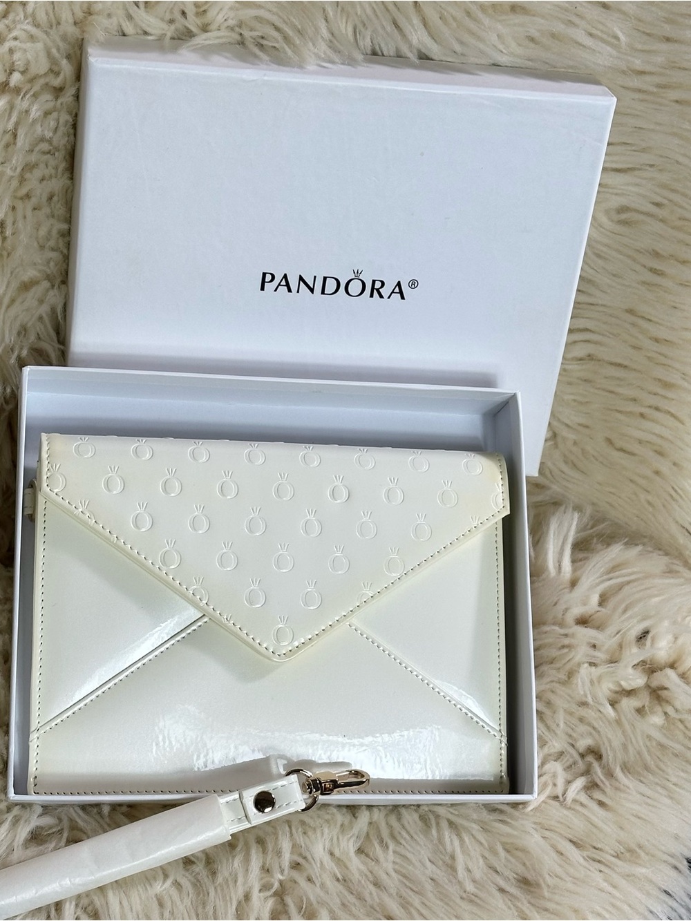 Pandora Cream Patent Envelope Wristlet Clutch NWOT